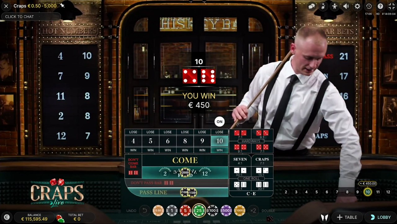 لعبة Live Craps ذات الموزع المباشر
